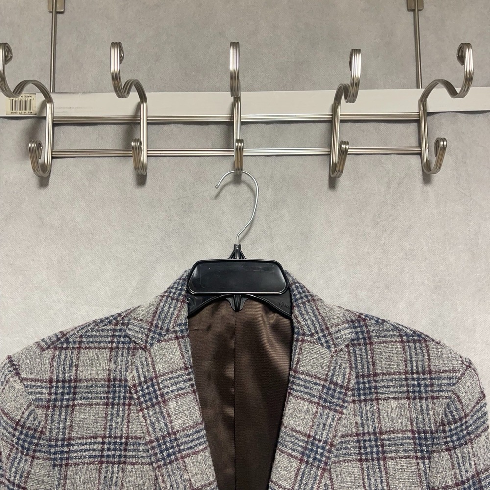 John Varvatos Blazer Men 40R Gray Blue Maroon Tartan Plaid‎ Flannel Bedford Luxe